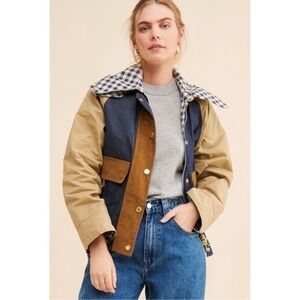 Barbour Cotton Patchwork Showerproof Jacket Coat Gingham Lined Denim Tan Size 12